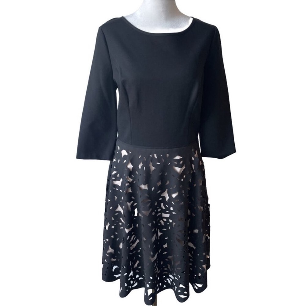 SHANI Laser Cut Black Ponte Cocktail Summer FIT &‎ FLARE BLACK DRESS SZ 2 $349